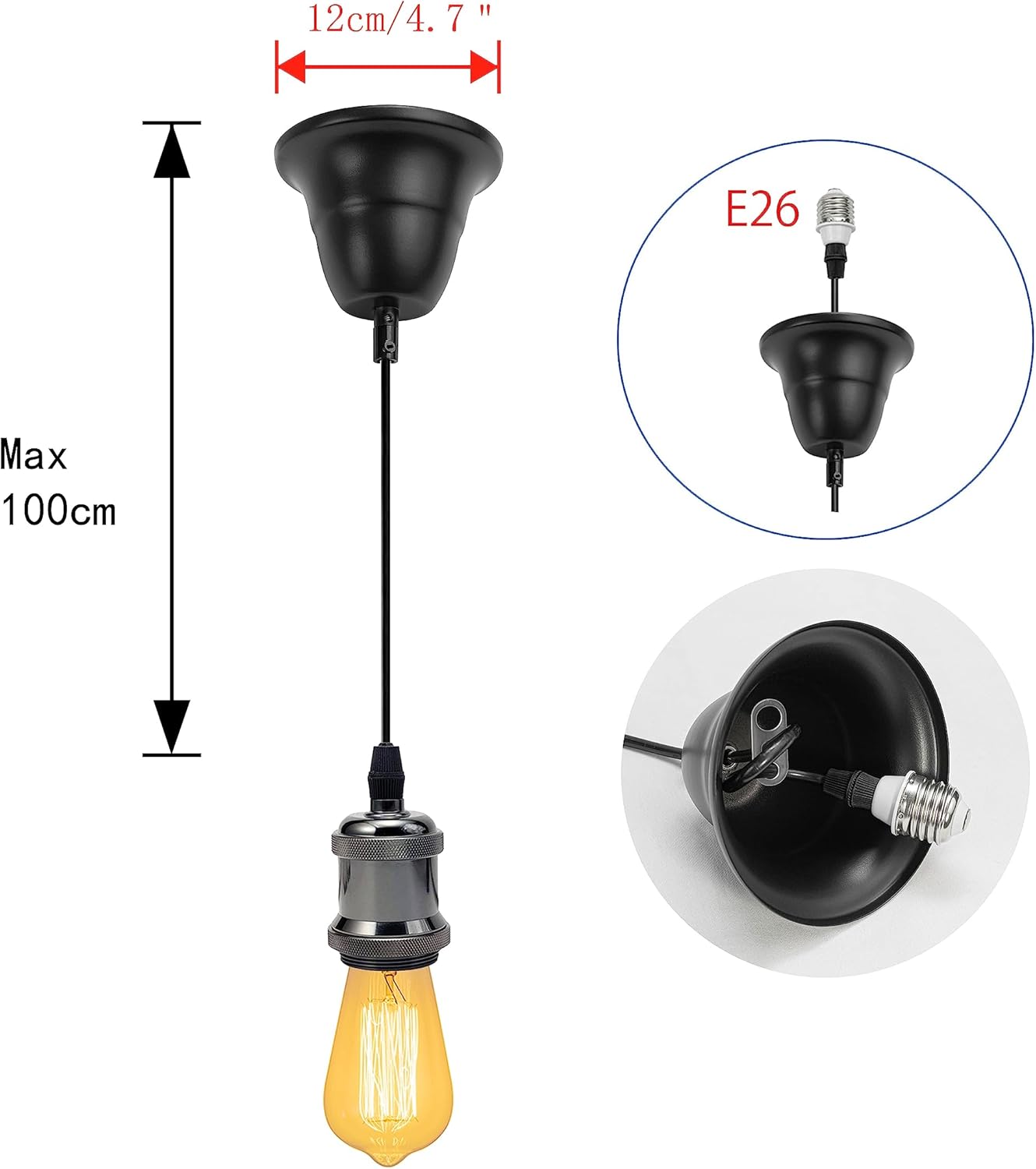 KAYYELAMP 1 Pcs Ceiling Light Conversion Pendant Light Connections Adjusted Wire Length Pearl Black Mini E26 Base Vintage Design Conversion Kit for E26 Ceiling Lamp Fixtures